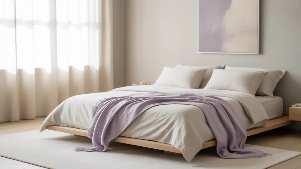 Lilac and white minimalist décor enhances serenity and balance in peaceful purple bedroom ideas.
