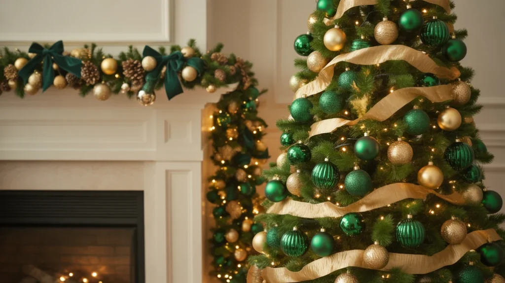Living room with coordinated garland and green-gold tree creating cohesive festive design.