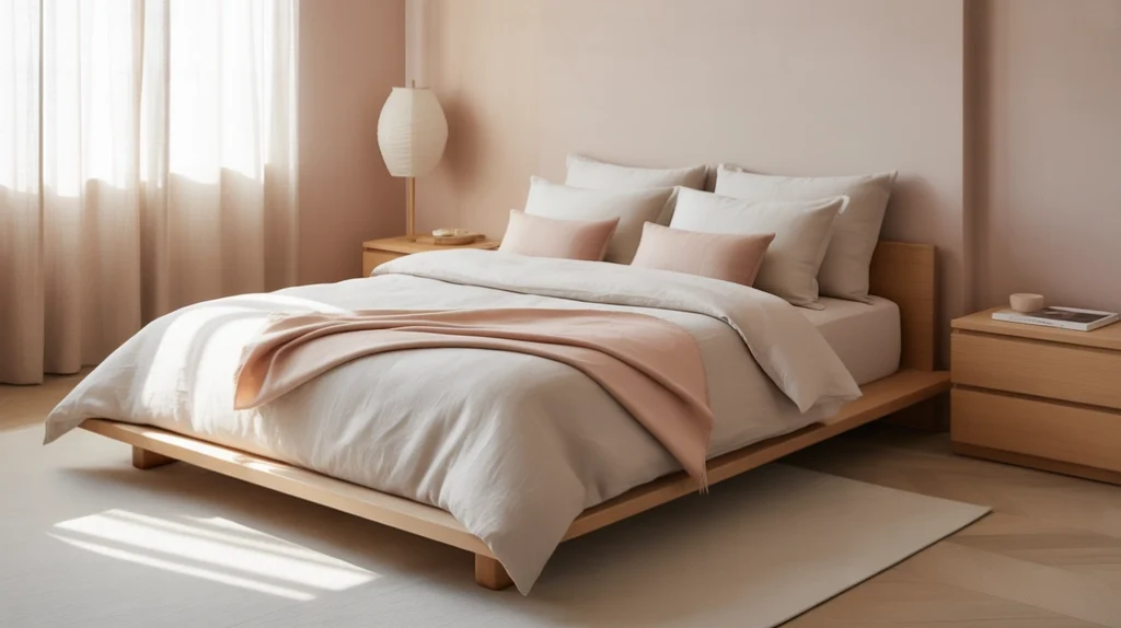 Minimalist pink bedroom with oak furniture and Japandi design