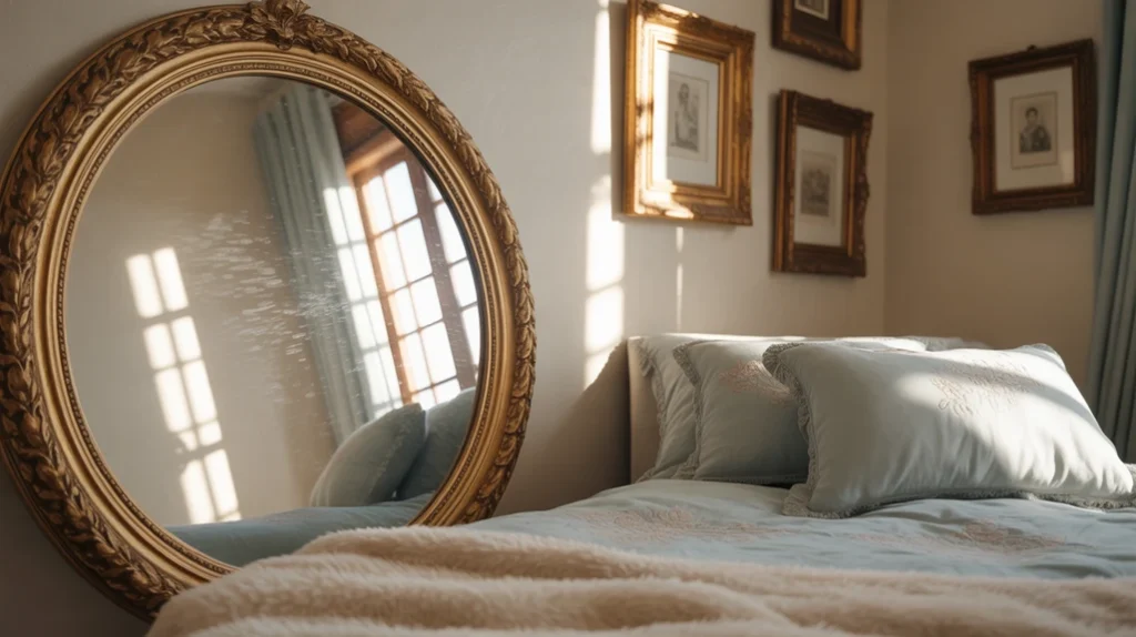 Decorative mirrors reflecting light and enhancing space in modern eclectic bedroom design.