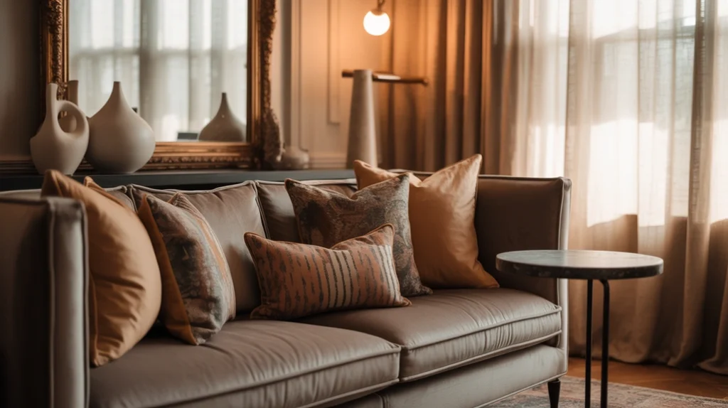Modern living room with Christmas decorations blending vintage mirrors and sleek furniture.