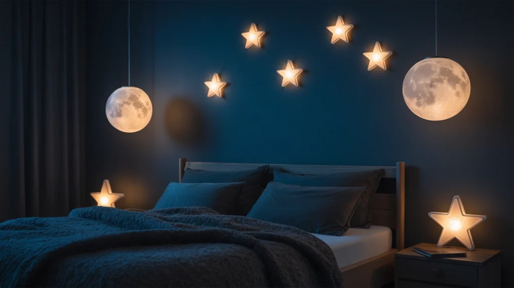 Moon and star lights glowing softly — witchy room idea.