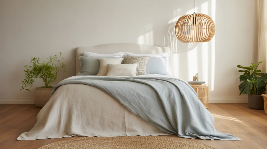 Natural rattan and wood elements warming up a soft blue and cream bedroom.