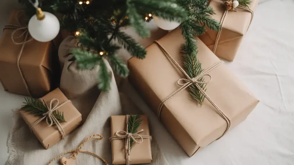 Natural gift wrap in linen and kraft paper under Christmas tree.