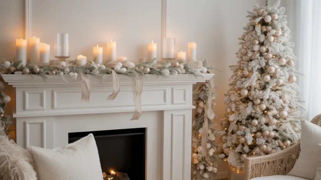 Neutral holiday mantel and entryway with matching garland complementing a white Christmas tree.