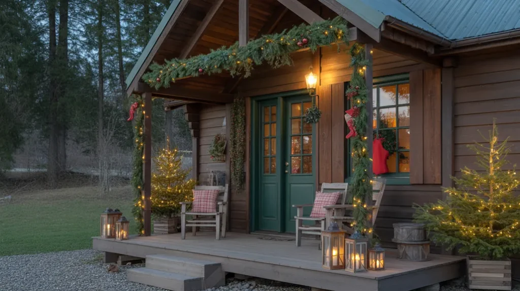 Cabin porch with pine garlands, lanterns, and woodland-style Christmas lights