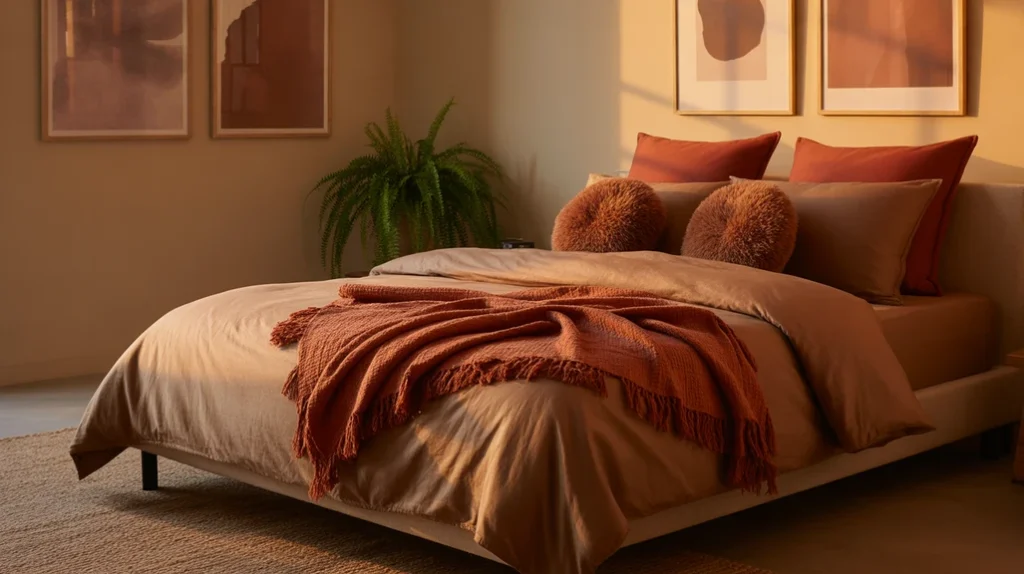 Red and brown bedroom with warm earthy decor and terracotta accents