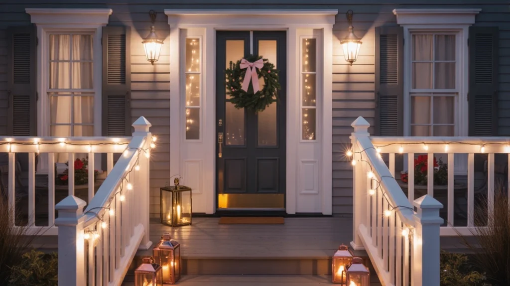 Romantic outdoor Christmas glow with blush string lights, pink ribbon wreath, and gold lanterns by the front door.
