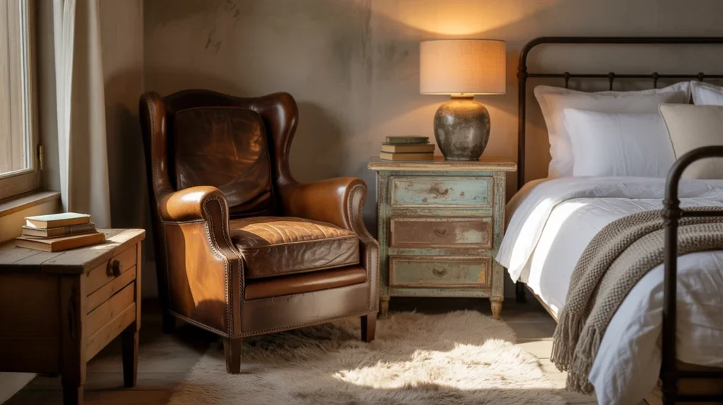 Rustic bedroom with leather accents, wooden nightstands, and cozy seating
