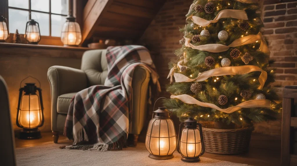 Rustic farmhouse Christmas living room with wooden accents and cozy festive charm