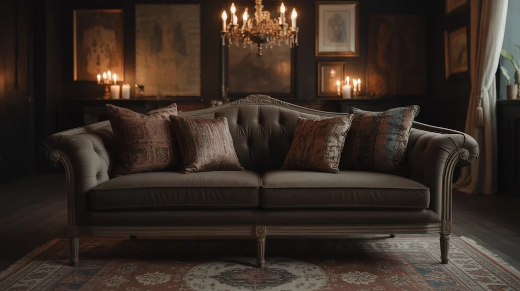 Dark boho living room decor with statement chandelier, sofa, and eclectic art