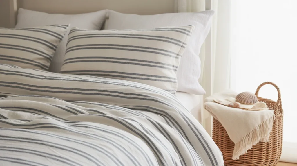 Navy and white striped bedding, coastal-inspired decor.
