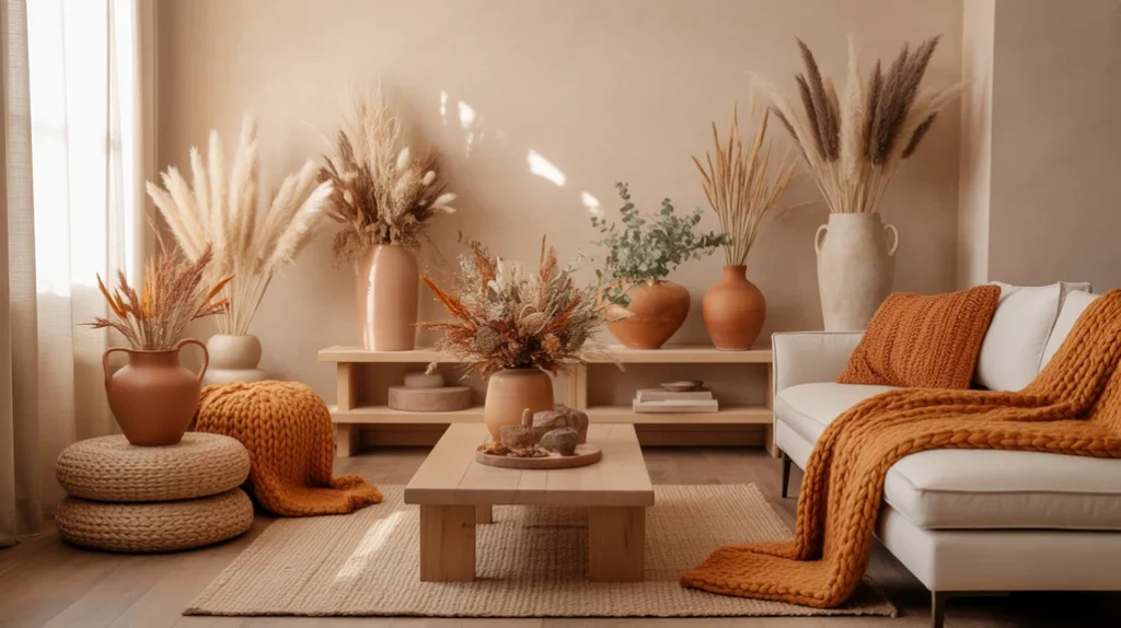 modern winter home styled in beige and rust tones with terracotta vases, dried florals, and warm ambient lighting.