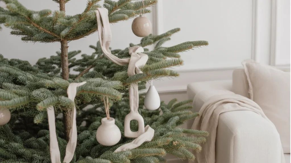 Snowy white and beige Scandinavian holiday living room with soft textures and organic materials.