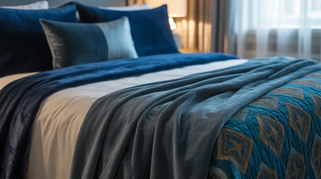 navy-blue-layered-bedding-idea → Layered bedding in navy blue with velvet and cotton textures