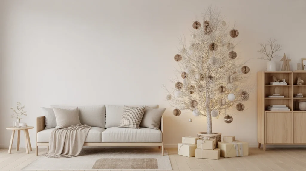 Scandinavian-inspired living room in beige and white Christmas palette with wood textures and linen details.
