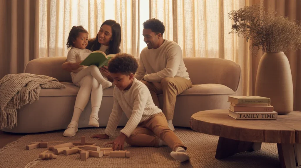 family relaxing in an earthy cozy living room with soft lighting