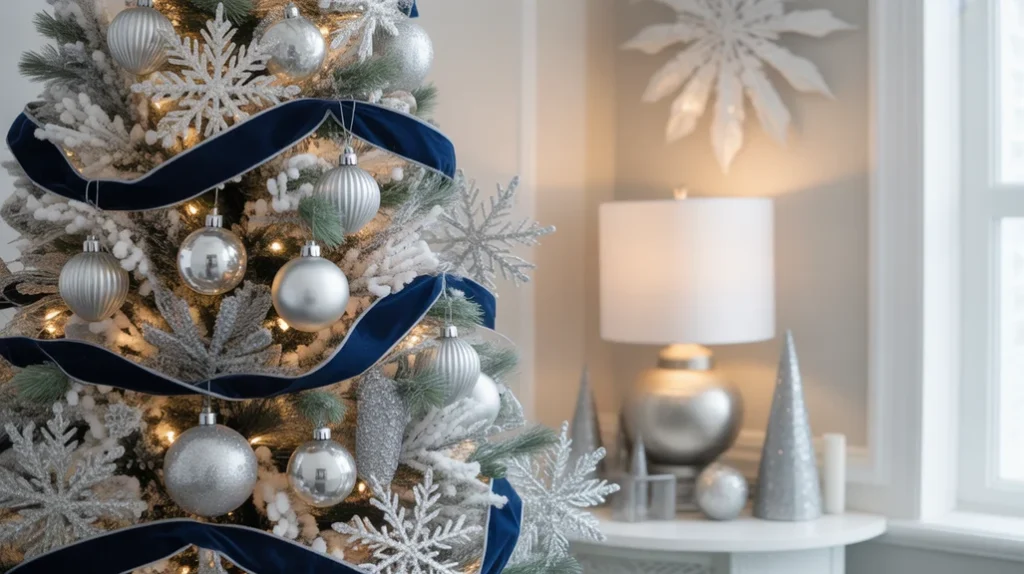Navy blue and silver glam Christmas tree featuring velvet ribbon, mirrored ornaments, and chrome accents for a luxurious holiday décor.