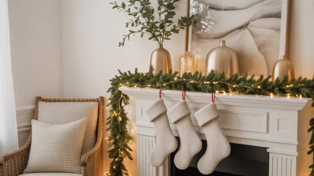 Olive green garlands and brushed gold vases creating a natural, modern farmhouse Christmas look.