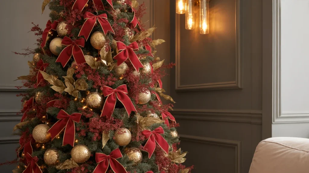 Luxurious red and antique gold Christmas tree with velvet ribbons, aged-gold baubles, and amber lighting for a modern glam interior.