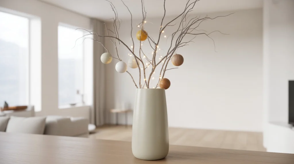 Bare birch branches with hanging ornaments and fairy lights for a natural minimalist Christmas display.