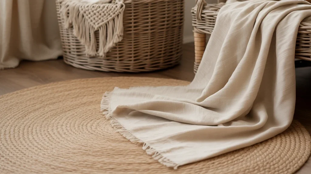 Close-up of jute rug, macramé wall hanging, and woven baskets showing layered boho coastal textures.
