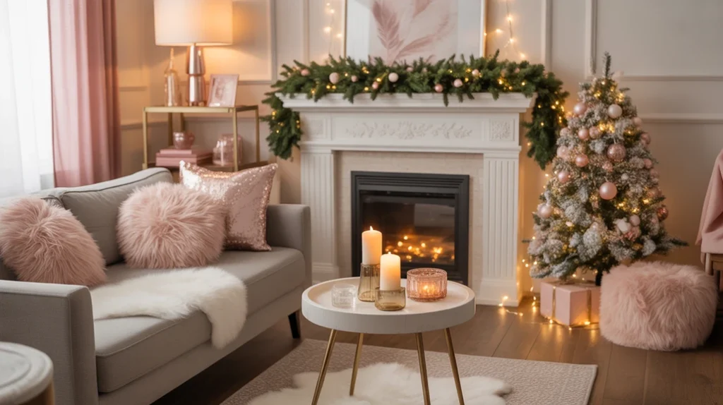 Cozy living room styled with pink pillows, faux fur throws, and romantic Christmas decorations.