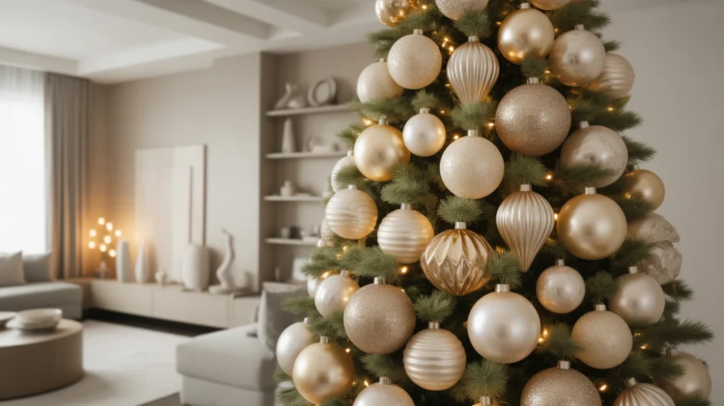 Christmas tree decorated with cream and beige ornaments for elegant neutral holiday decor.