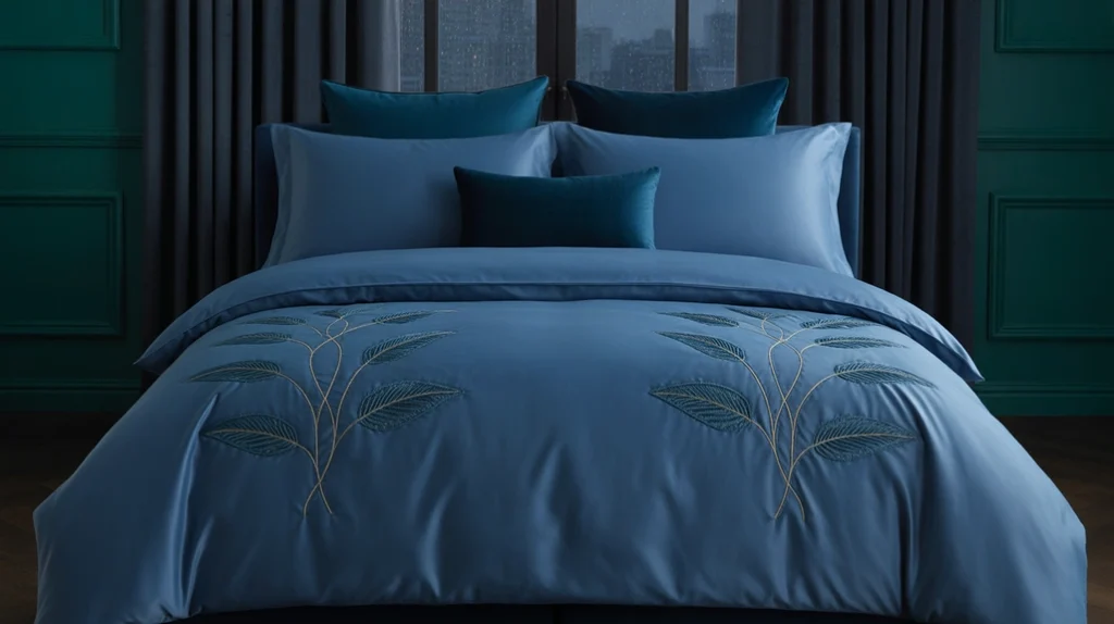 Cozy moody bedroom in deep navy and emerald tones for dramatic style.