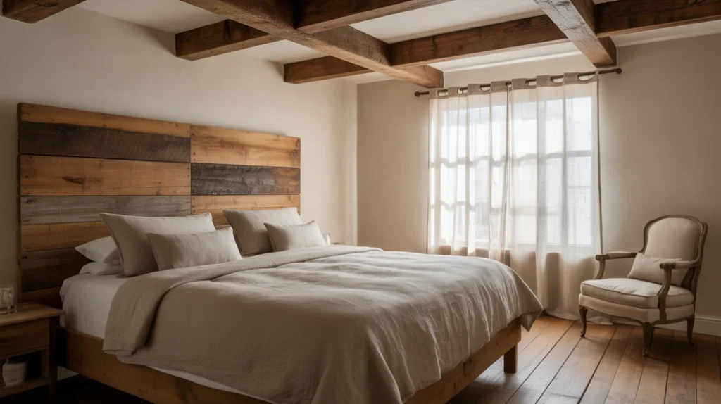 Farmhouse bedroom décor featuring reclaimed wood headboard and rustic beams.
