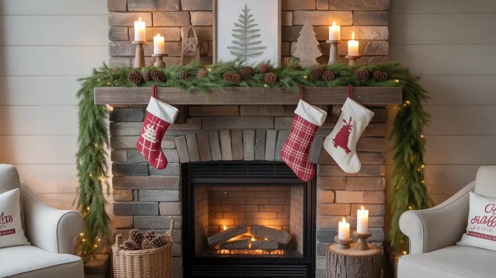 Rustic fireplace mantel decorated with pine garland, candles, and plaid stockings in cozy cabin Christmas style