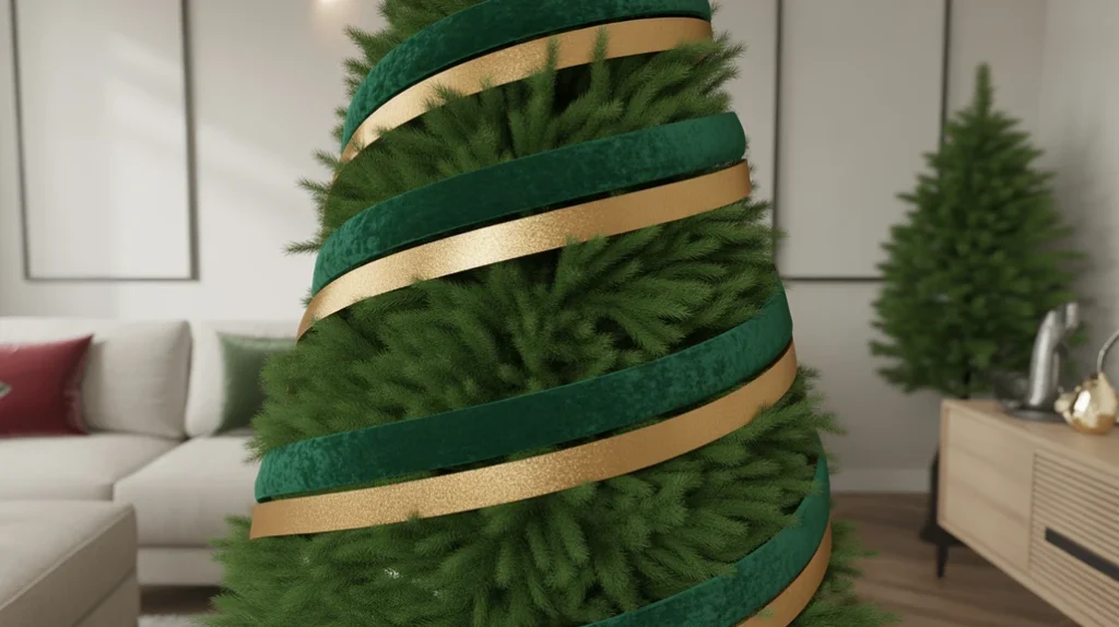 Green velvet and gold ribbon Christmas tree styling for an elegant holiday look.