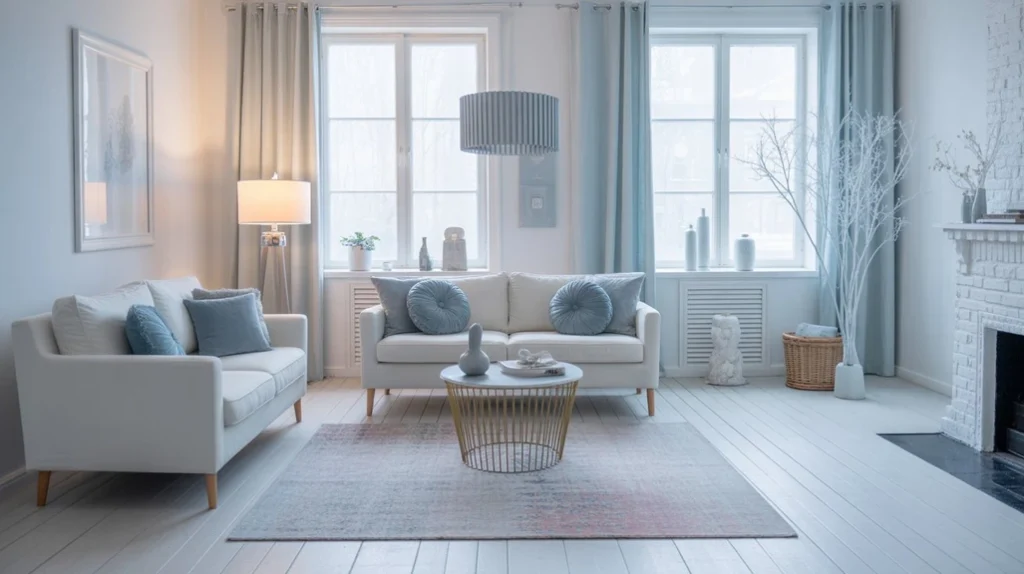 Icy blue cushions and pastel accents adding a cool frosted look to winter home décor