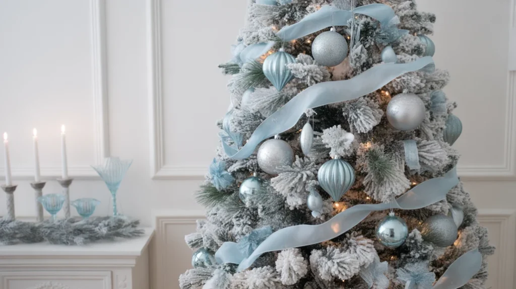 icy blue and silver christmas decor theme featuring frosted ornaments, white tree, and cool winter tones inspired by scandinavian interiors.