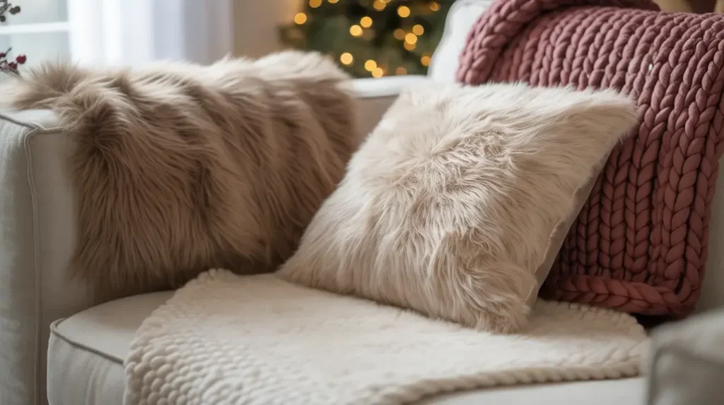 Layered textures with knit blankets and velvet pillows for cozy Christmas living room ideas