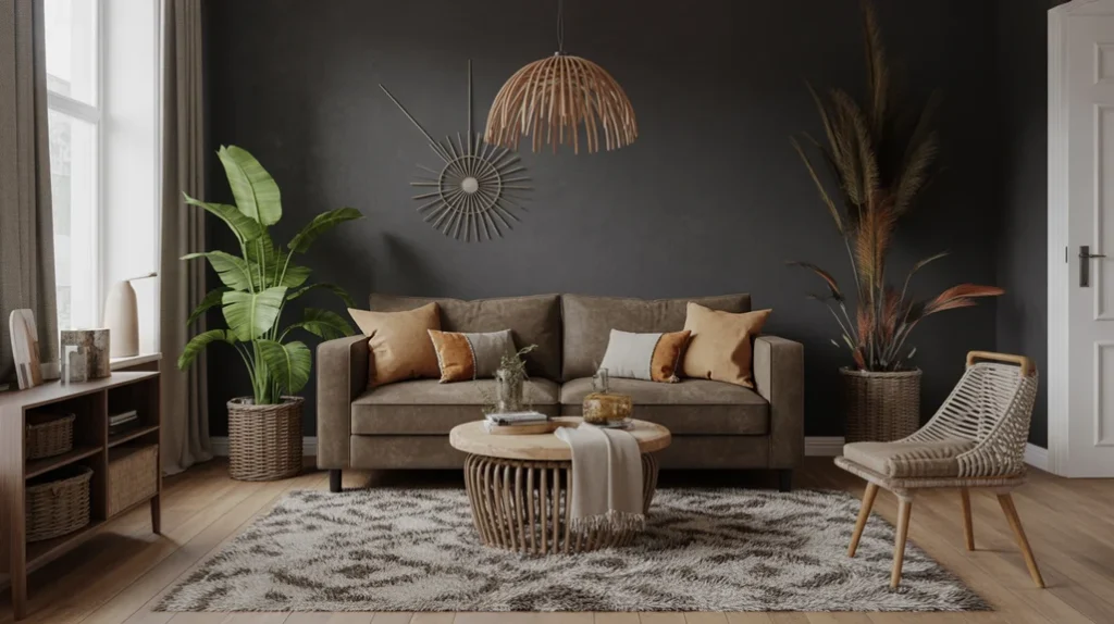 Layered textures and patterns in a moody bohemian living room with velvet sofa and cushions