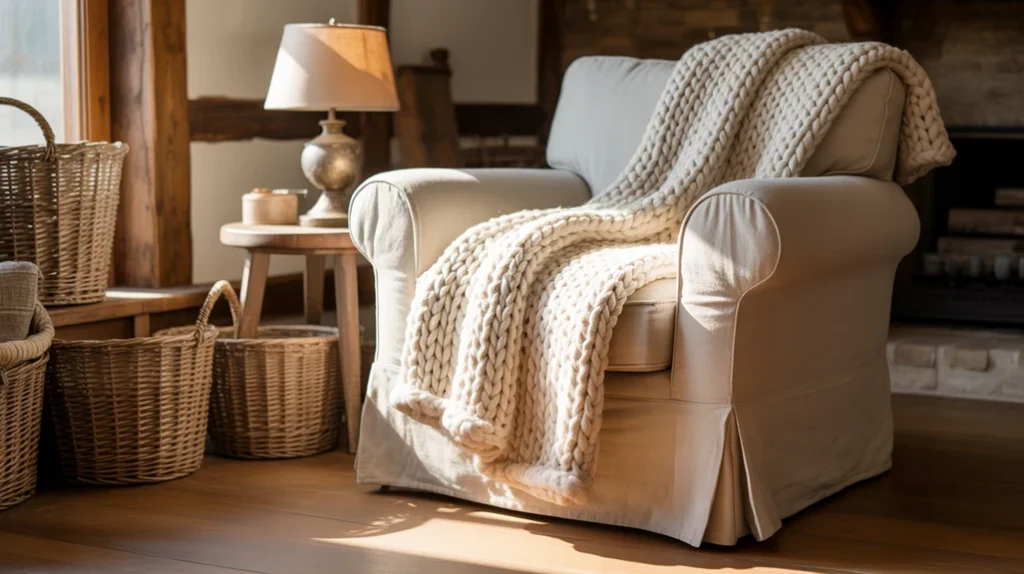 Layered farmhouse textures with linen slipcovers, knit throws, and woven baskets