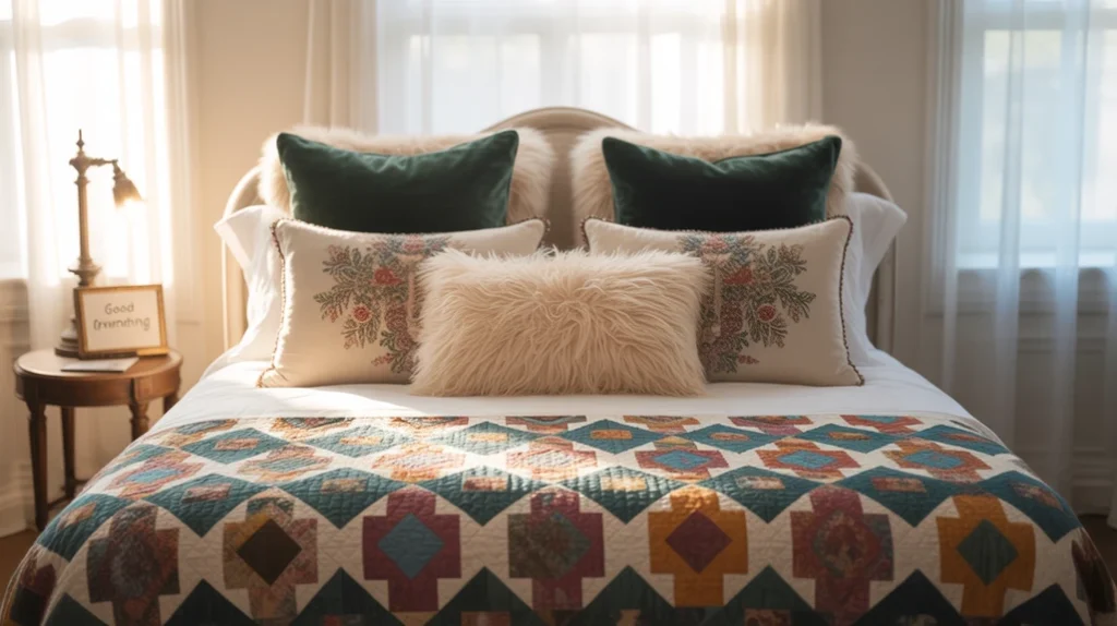 Maximalist bedroom layering different textiles and patterns for rich texture.