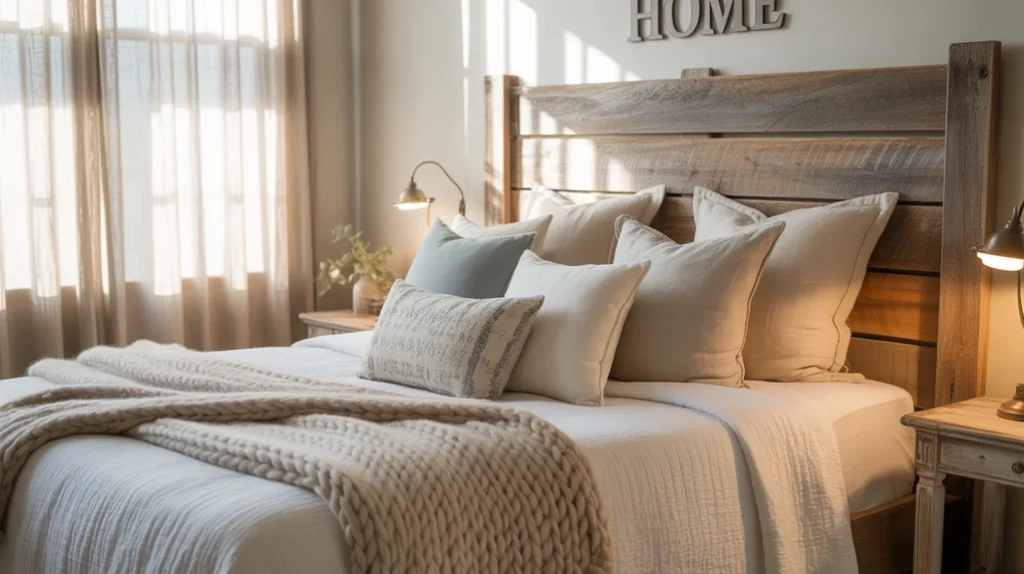 Rustic wood headboard in a modern farmhouse bedroom with cozy bedding.
