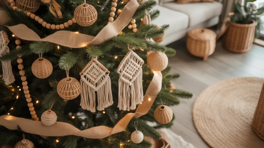 Boho tree decor with rattan, wood, and burlap textures.