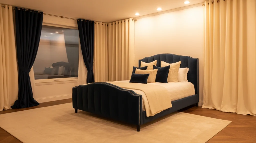 Navy accents adding depth and sophistication to a blue and cream bedroom design.