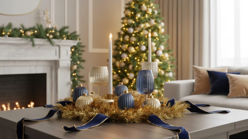 Navy and gold Christmas decorations featuring velvet ribbons, metallic garlands, and warm lighting for a luxe holiday style.