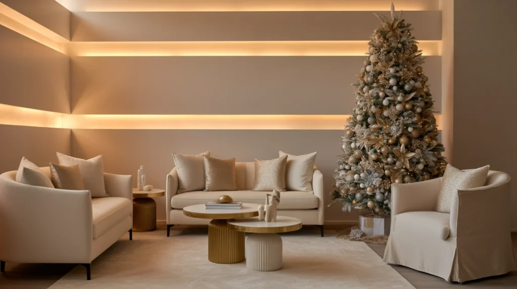 Neutral Christmas living room with beige sofa, gold accents, and modern minimalist holiday styling.