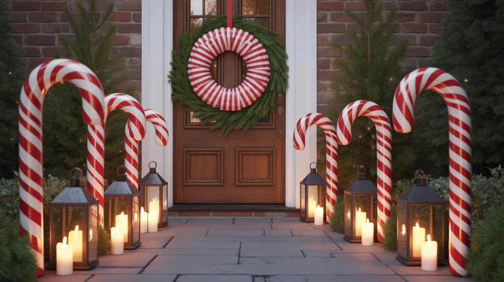 peppermint-themed entryway with striped wreath, faux candy canes, and white lanterns adding cheerful christmas spirit.