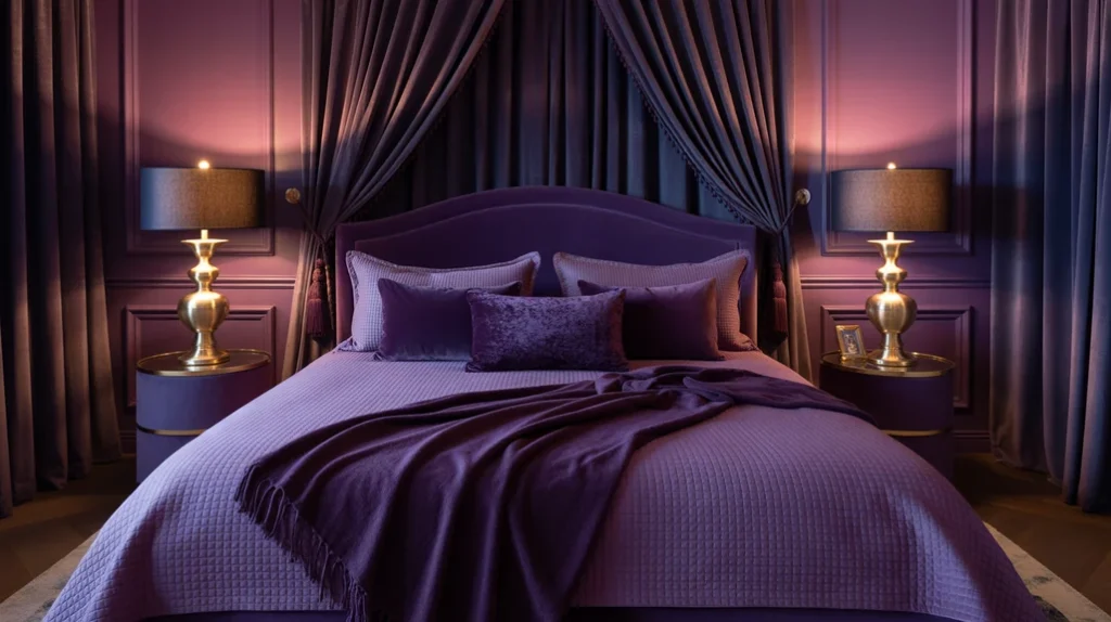 Deep plum and eggplant accents with velvet pillows and gold lamps add luxury to purple bedroom ideas.