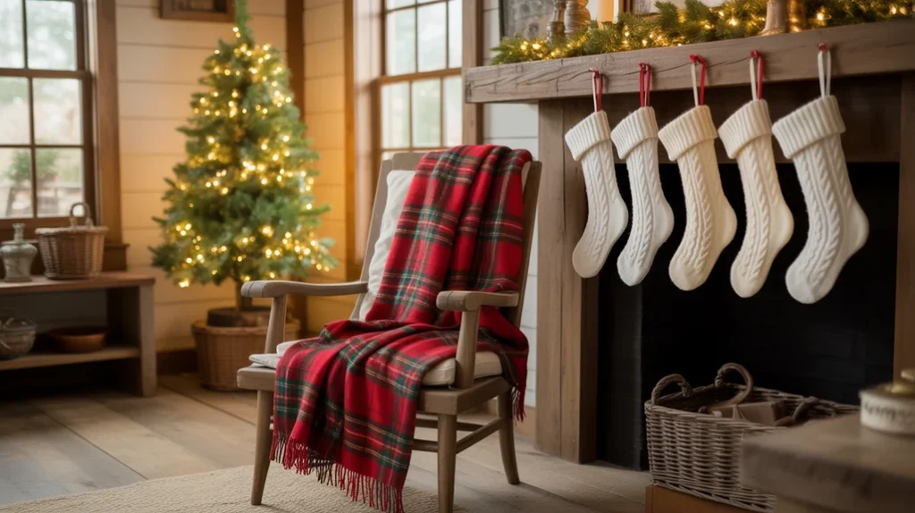 Cozy farmhouse living room styled with red and white Christmas color palette featuring plaid throws and rustic decor accents.