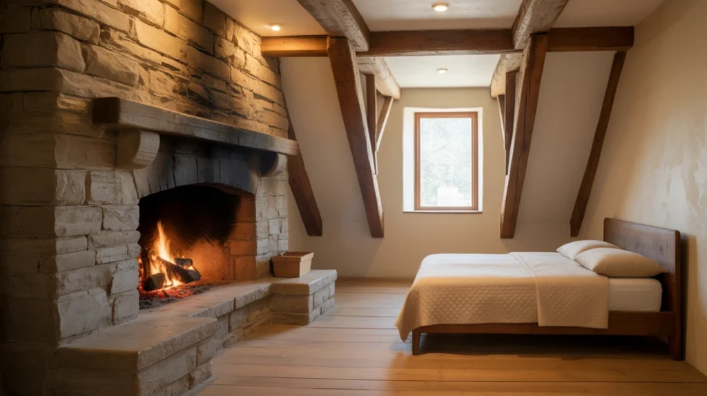 Rustic bedroom stone fireplace design with wooden beams and soft lighting
