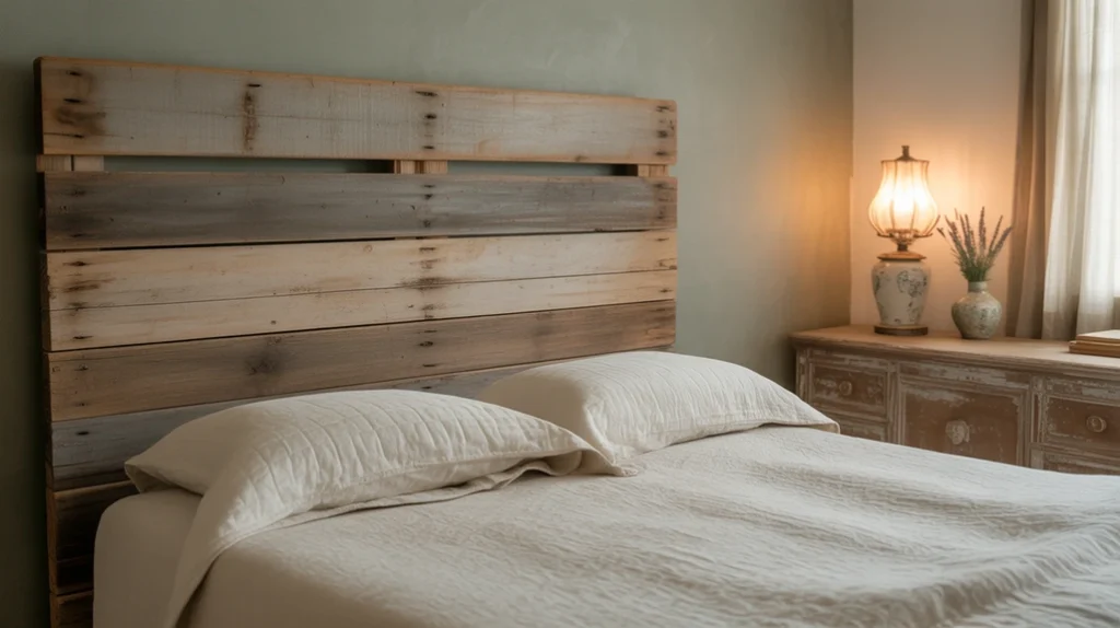 Rustic farmhouse bedroom décor with reclaimed wood headboard and dresser.