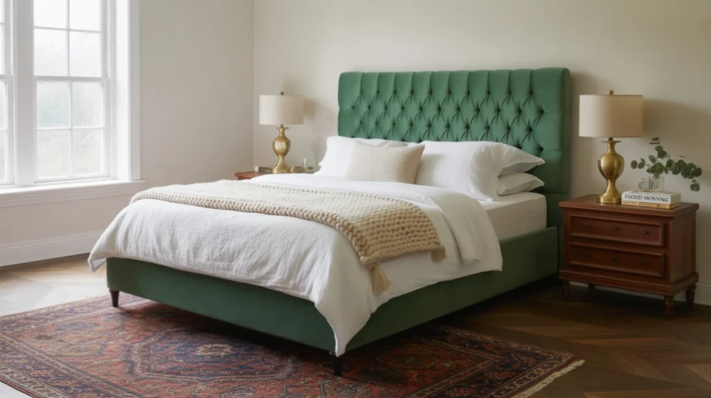 Bedroom design with tufted velvet statement headboard and modern farmhouse style