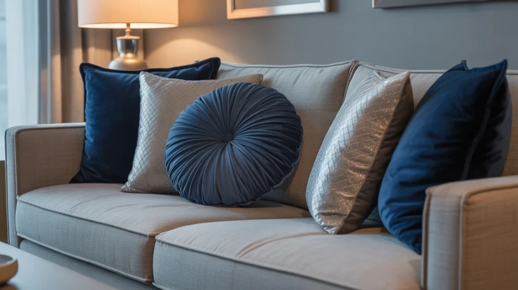 Grey sofa styled with velvet blue cushions and silver pillows for a cozy, modern winter interior.